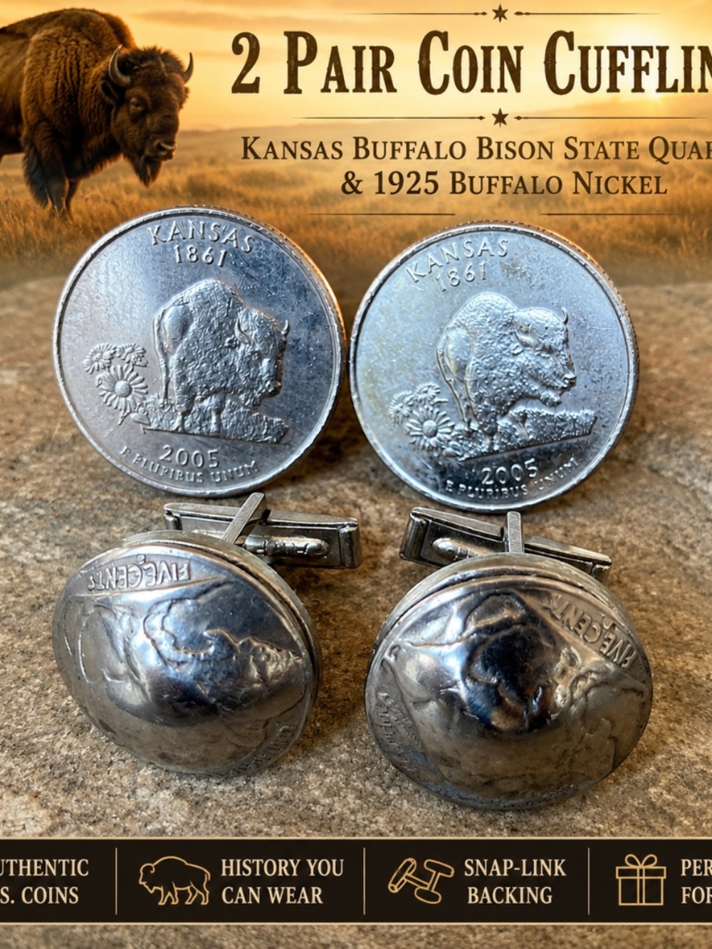 Two Pairs Buffalo Coin Cufflinks Kansas State Quarter & 1925 Original